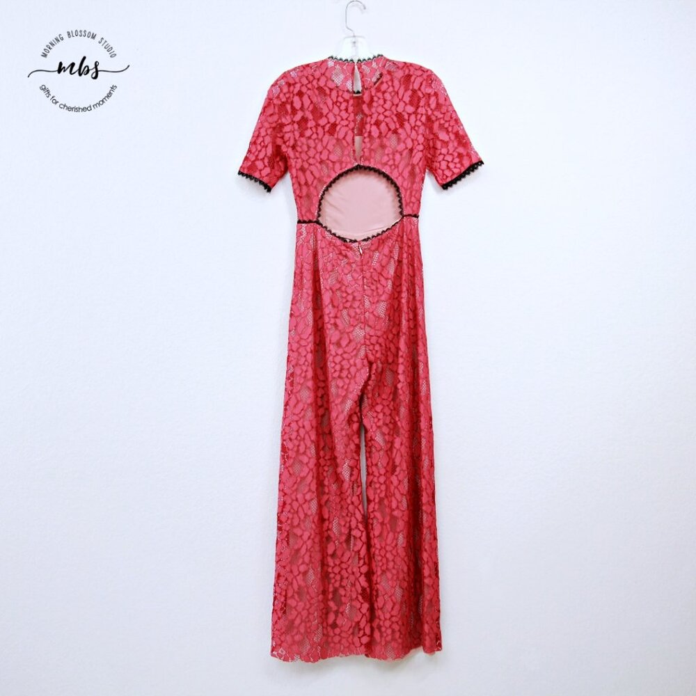 Alexis Lace Short Sleeve Cutout Lined Wide Leg Jumpsuit Raw Hems Pink Women XS - Picture 3 of 13